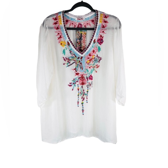 Johnny Was Tops - NWT Johnny Was Embroidered Floral Dragonfly V Neck Cupra Rayon Blouse Size Large